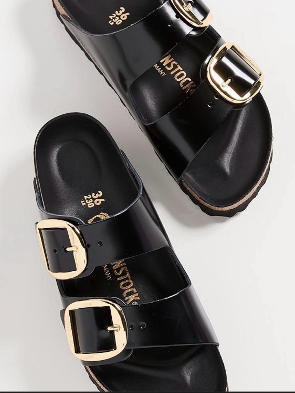 Birkenstock Black Two-Buckle Sandals with Gold Buckles